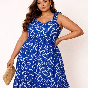 GILLI Blue & White Abstract Print Ruffle Strap Tiered Midi Dress | Lined | Boho